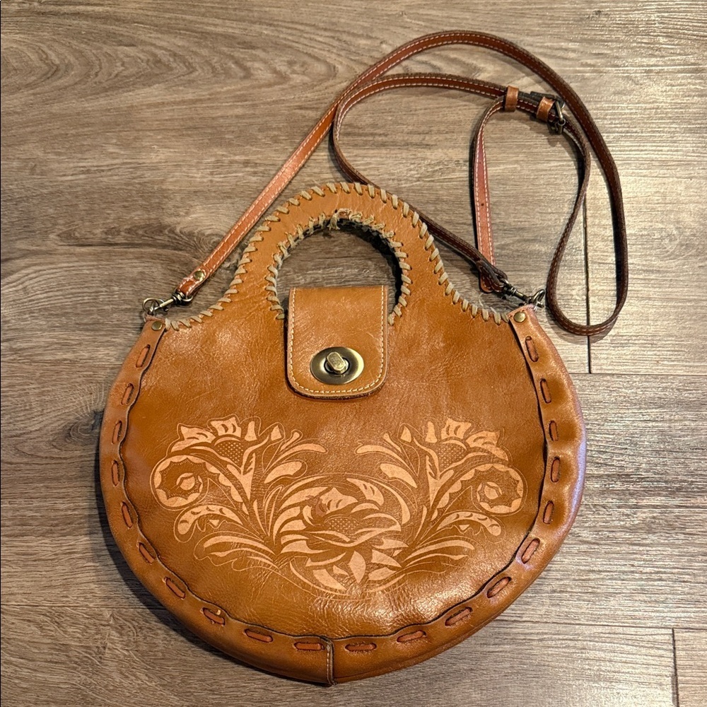 Patricia Nash Correze Medium Tan Leather Satchel Bag Laser Tooled Floral Design